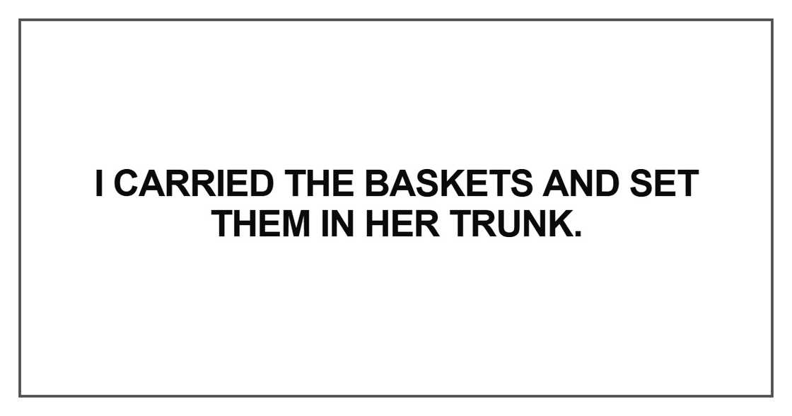 I carried the baskets and set them in her trunk I carried the baskets and set them in her trunk