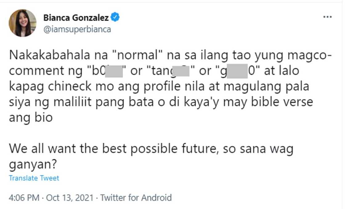 Bianca Gonzalez, nababahala sa mga taong madalas gumamit ng di magandang salita sa social media Bianca Gonzalez, nababahala sa mga taong madalas gumamit ng di magandang salita sa social media