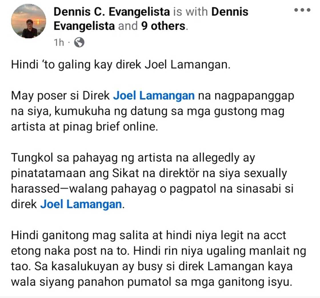 Line Producer Dennis Evangelista debunks Joel Lamangan's 'inabuso' post Line Producer Dennis Evangelista debunks Joel Lamangan's 'inabuso' post