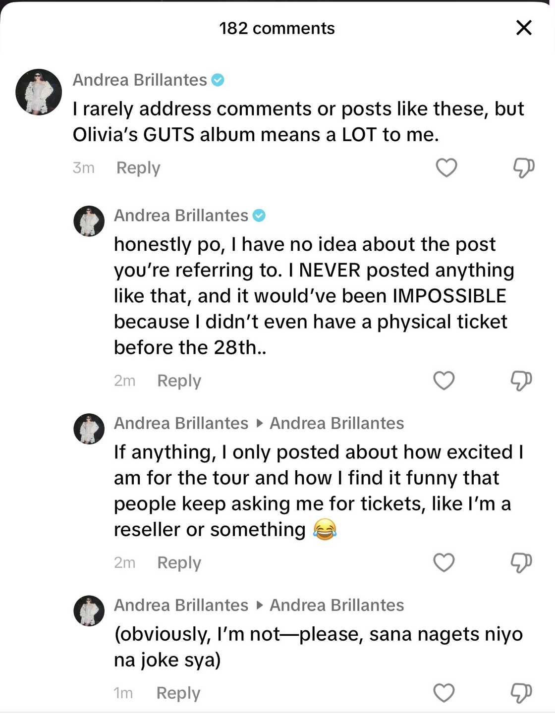 Andrea Brillantes, nilinaw na wala siyang physical tickets sa Olivia Rodrigo concert Andrea Brillantes, nilinaw na wala siyang physical tickets sa Olivia Rodrigo concert