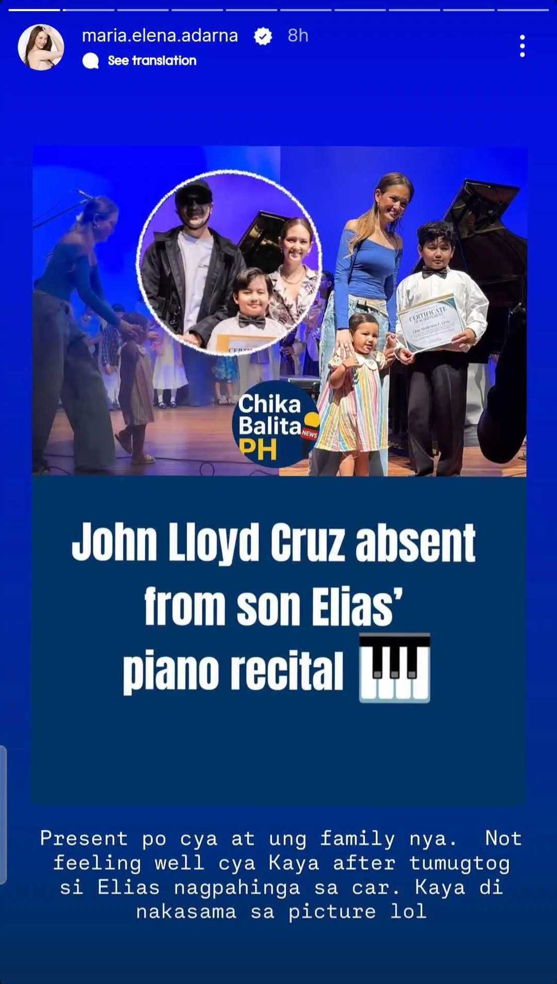 Ellen Adarna, nilinaw kung bakit wala si John Lloyd Cruz sa recital photo ni Elias