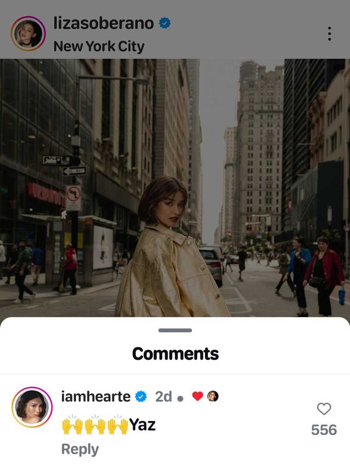 Heart Evangelista reacts to Liza Soberano's photos from New York Fashion Week Heart Evangelista reacts to Liza Soberano's photos from New York Fashion Week