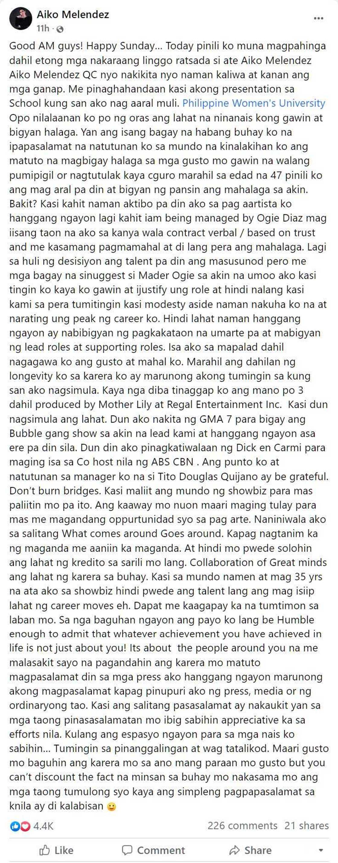 Aiko Melendez, mensahe niya para sa mga young stars, usap-usapan: “Be grateful… Be humble”