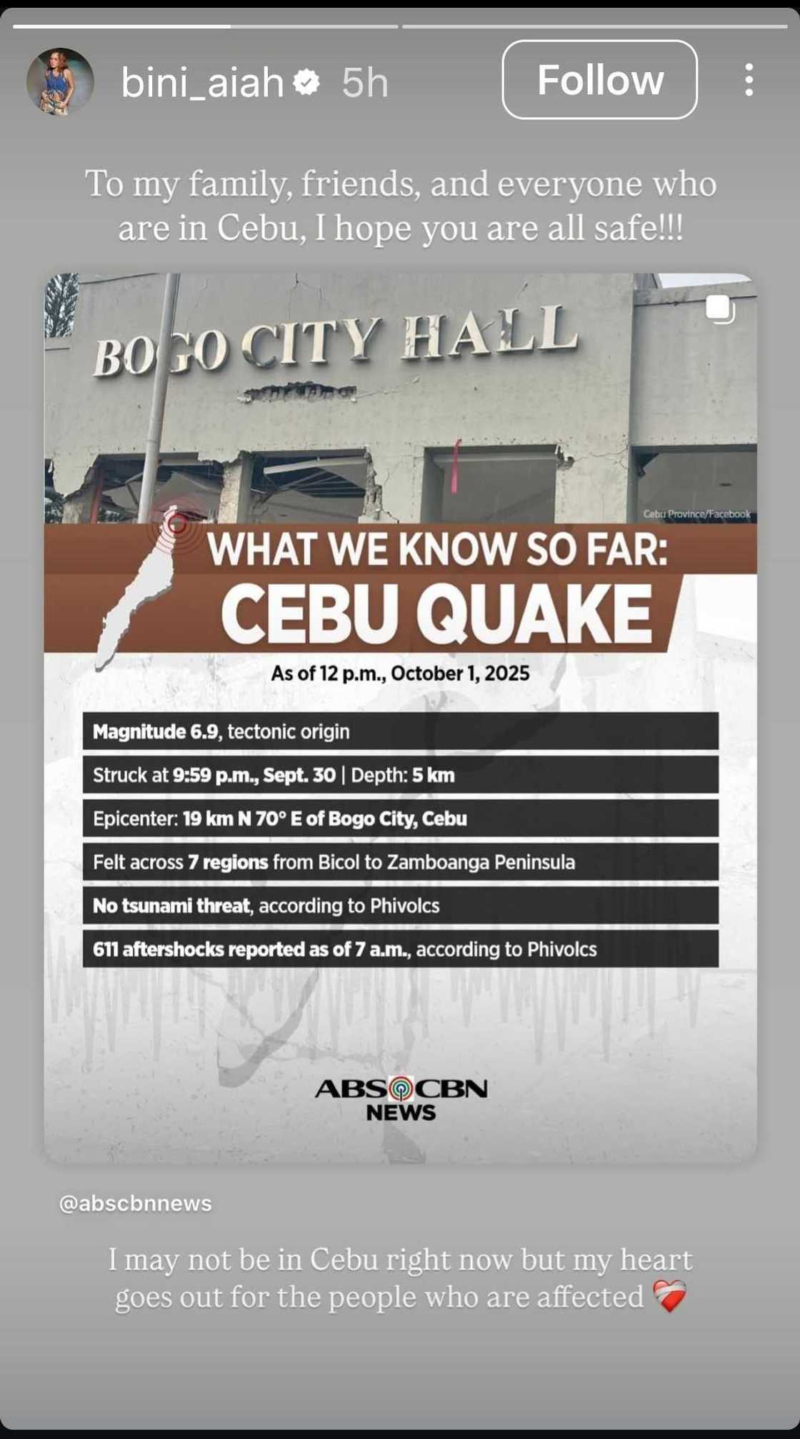 Cebuana BINI member Aiah Arceta voices support for Cebu after magnitude 6.9 earthquake
