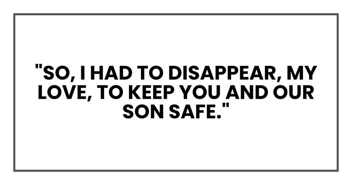"So, I had to disappear, my love, to keep you and our son safe." "So, I had to disappear, my love, to keep you and our son safe."