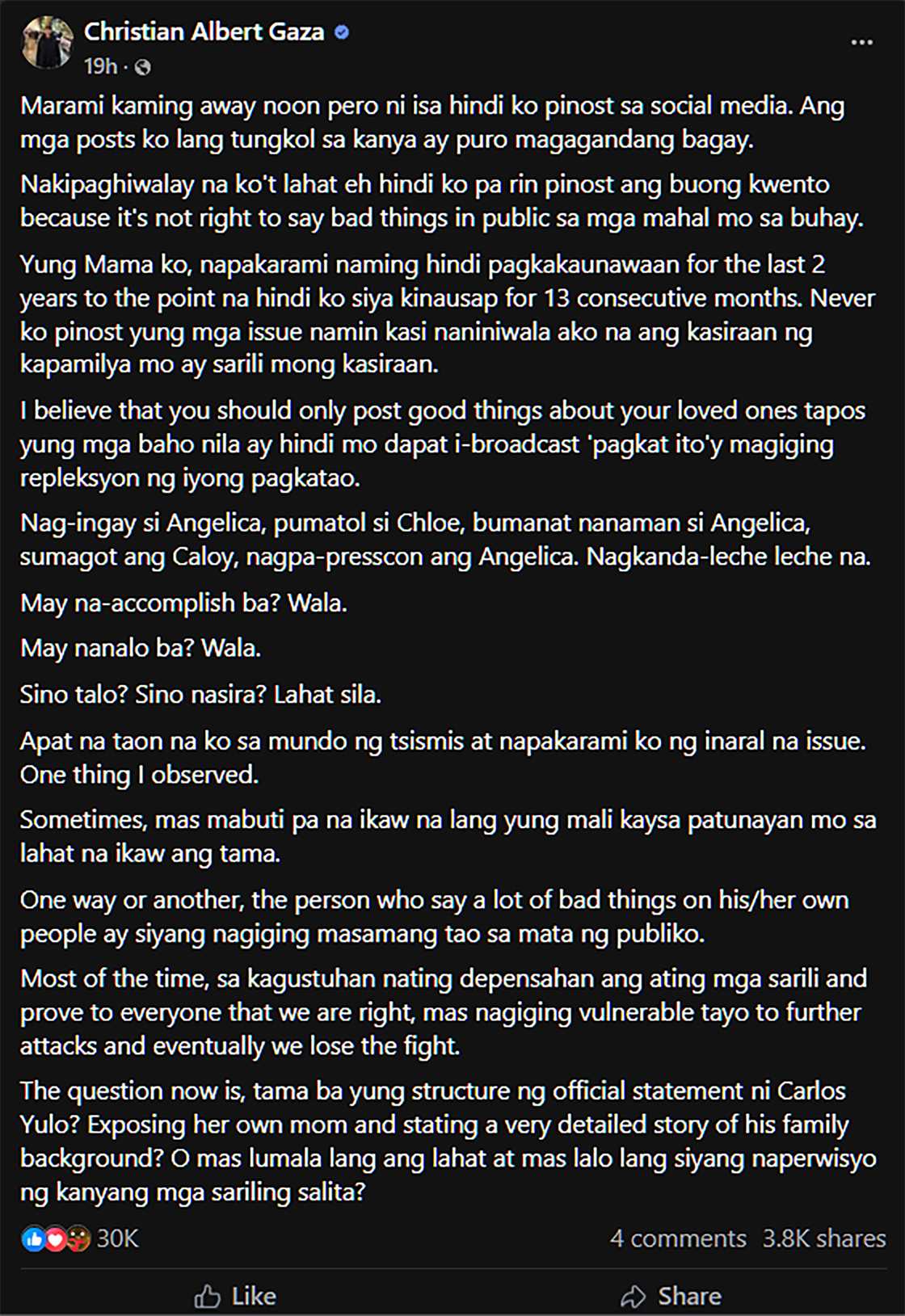 Xian Gaza, airs honest take on the Caloy-Angelica-Chloe saga Xian Gaza, airs honest take on the Caloy-Angelica-Chloe saga