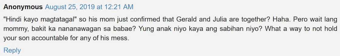 Netizens claim Gerald Anderson's mom 'confirmed' rumors about her son and Julia Barretto Netizens claim Gerald Anderson's mom 'confirmed' rumors about her son and Julia Barretto