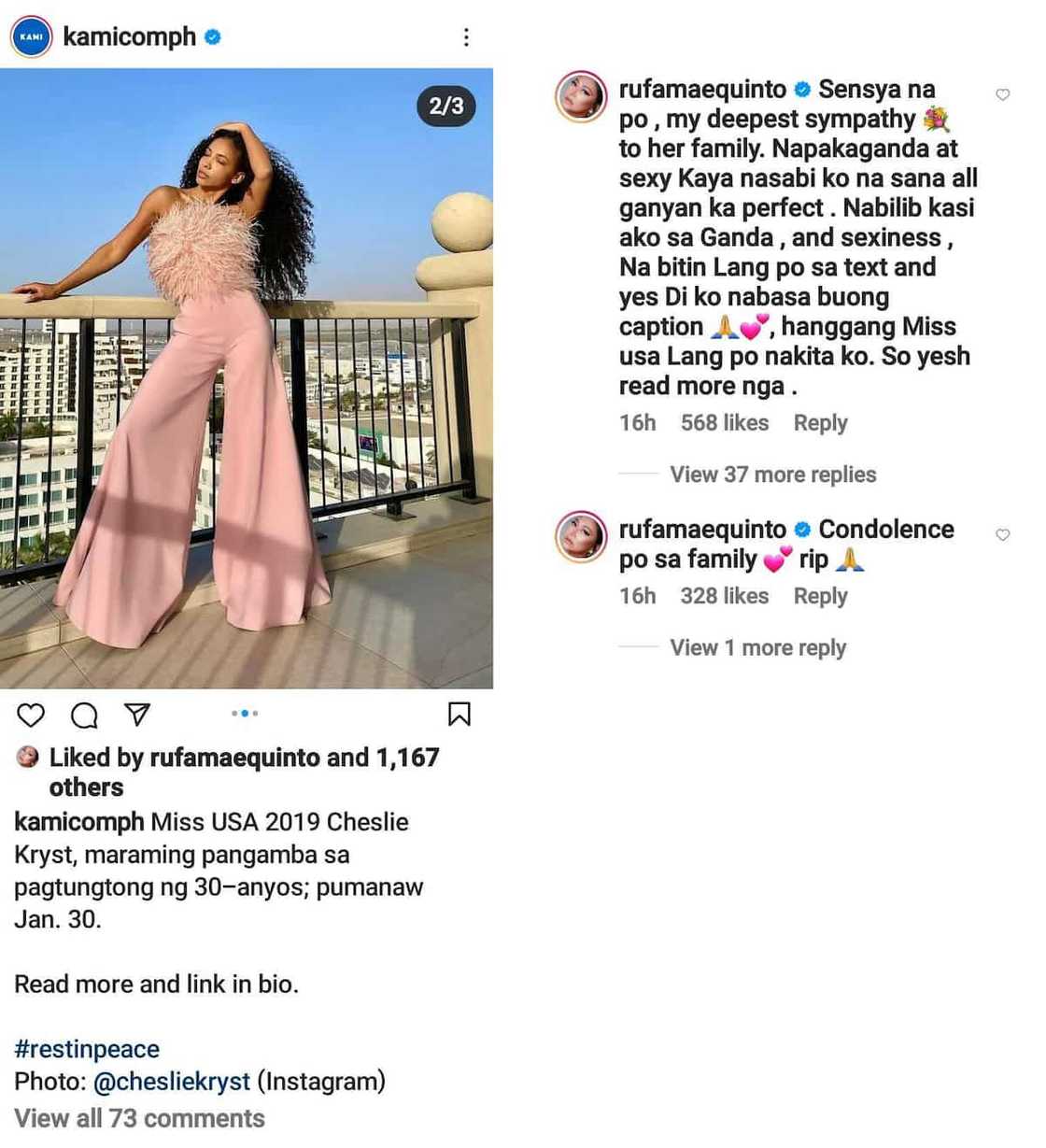 Rufa Mae Quinto, nag-apologize matapos ang “sana all” comment sa post ukol kay Cheslie Kryst Rufa Mae Quinto, nag-apologize matapos ang “sana all” comment sa post ukol kay Cheslie Kryst