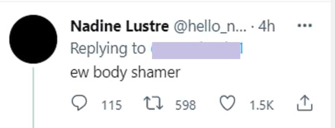 Nadine Lustre reacts to netizen's rude comment about her body: "ew body shamer" Nadine Lustre reacts to netizen's rude comment about her body: "ew body shamer"