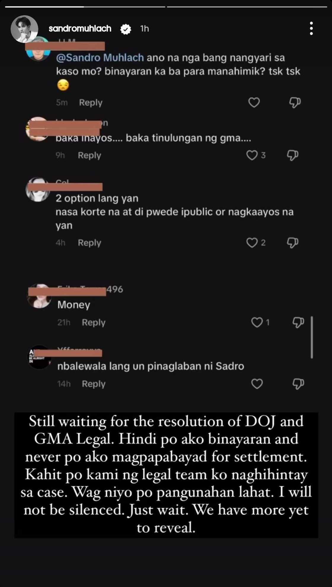 Sandro Muhlach, sinagot ang mga netizens na nagsabing 'nanahimik' na siya sa isyu