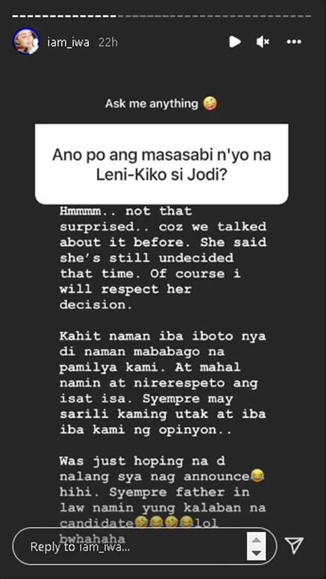 Iwa Moto, hindi nasorpresa at Leni-Kiko si Jodi Sta. Maria: "Was hoping di na lang nag-announce"