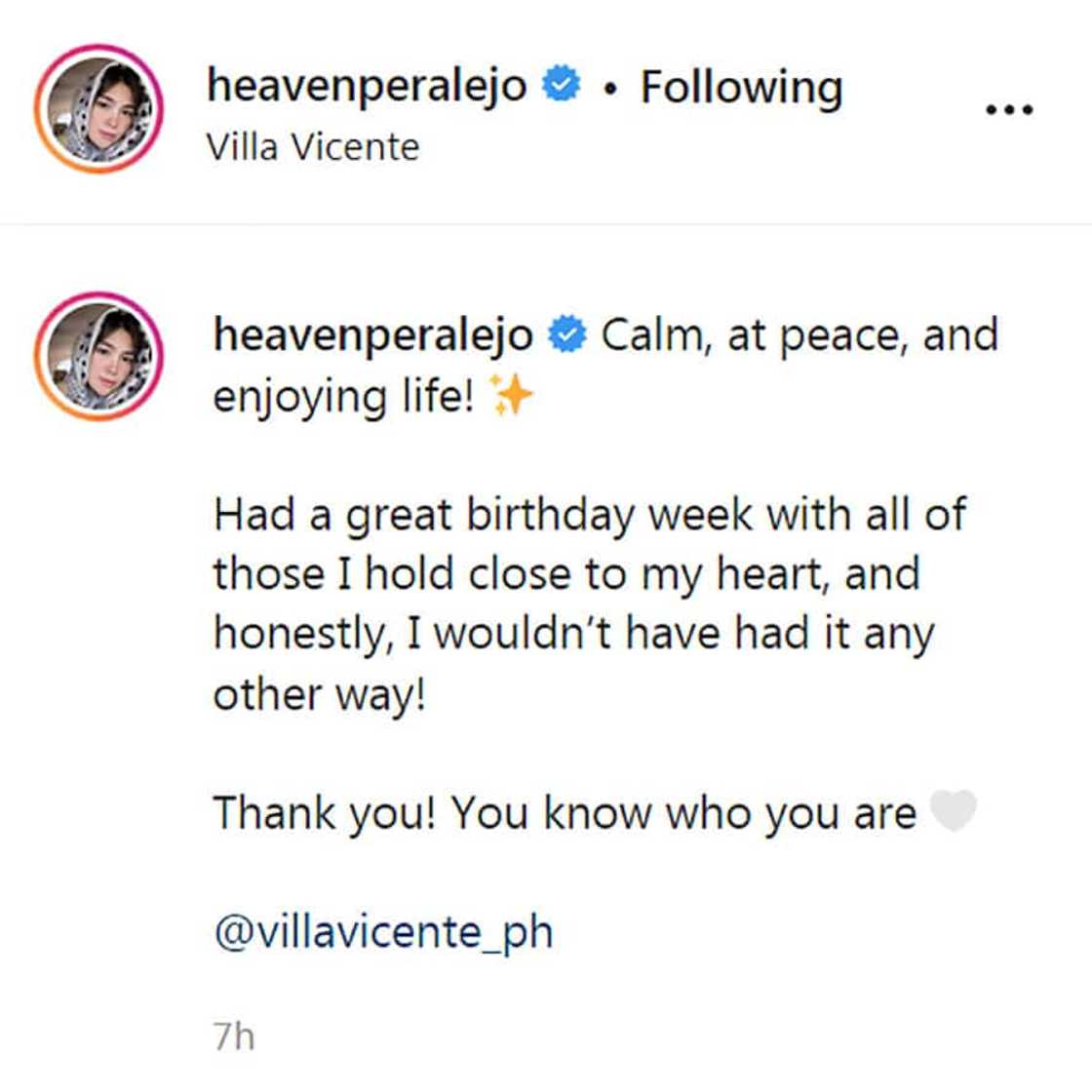 Heaven Peralejo, lubos na nasiyahan sa birthday week; pinost sa social media ang kanyang pagpapasalamat Heaven Peralejo, lubos na nasiyahan sa birthday week; pinost sa social media ang kanyang pagpapasalamat