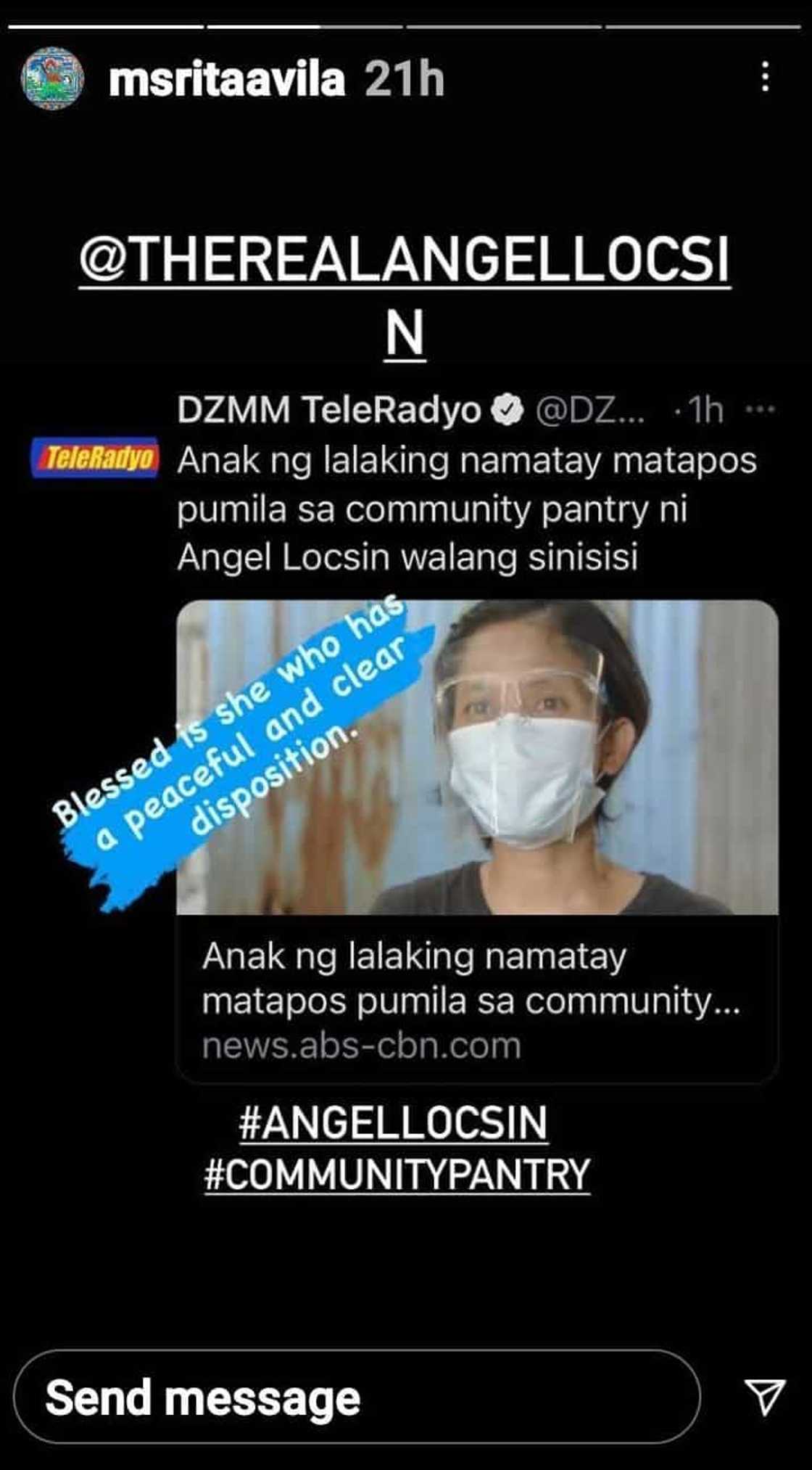 Rita Avila, pinuri ang anak ng lolong namatay sa community pantry ni Angel Locsin Rita Avila, pinuri ang anak ng lolong namatay sa community pantry ni Angel Locsin