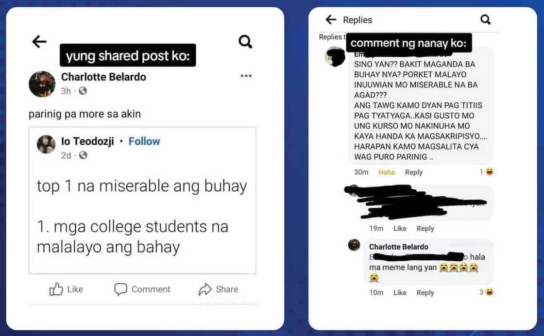 Estudyante, nawindang sa reaksyon ng kanyang mom sa ipinost na meme: “Bakit maganda ba buhay niya?” Estudyante, nawindang sa reaksyon ng kanyang mom sa ipinost na meme: “Bakit maganda ba buhay niya?”