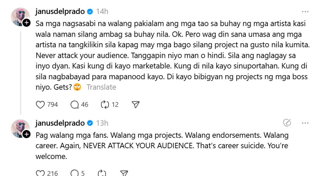 Janus del Prado, nagbigay ng payo sa mga artista tungkol sa pakikitungo sa kanilang audience