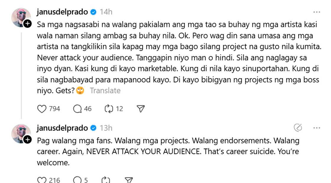 Janus del Prado, nagbigay ng payo sa mga artista tungkol sa pakikitungo sa kanilang audience Janus del Prado, nagbigay ng payo sa mga artista tungkol sa pakikitungo sa kanilang audience