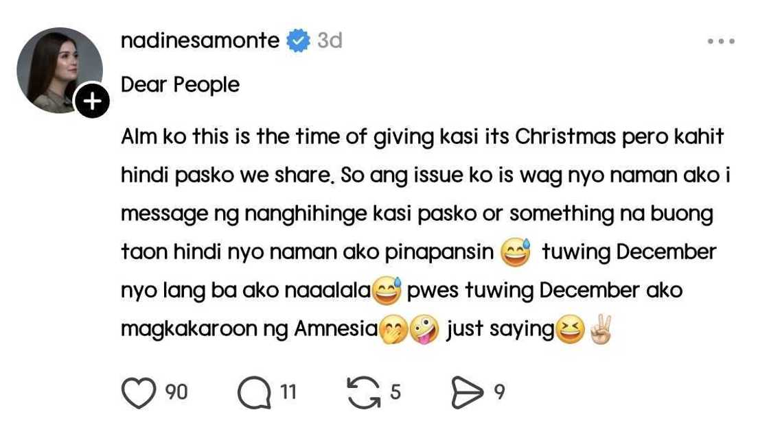 Nadine Samonte airs a cryptic online note: "Tuwing December ako magkakaroon ng amnesia" Nadine Samonte airs a cryptic online note: "Tuwing December ako magkakaroon ng amnesia"