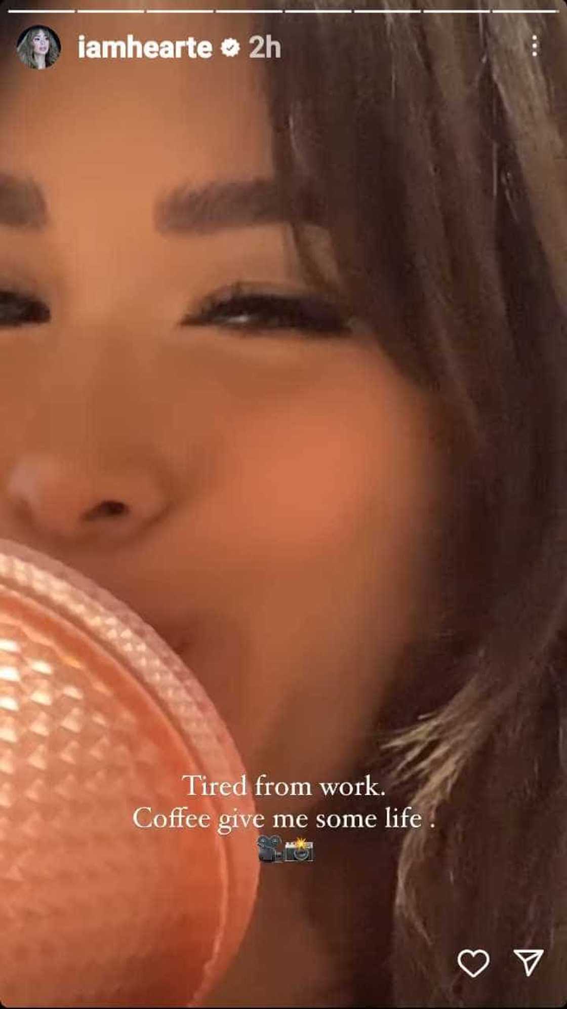 Heart Evangelista shares video showing her "tired from work" and drinking coffee Heart Evangelista shares video showing her "tired from work" and drinking coffee
