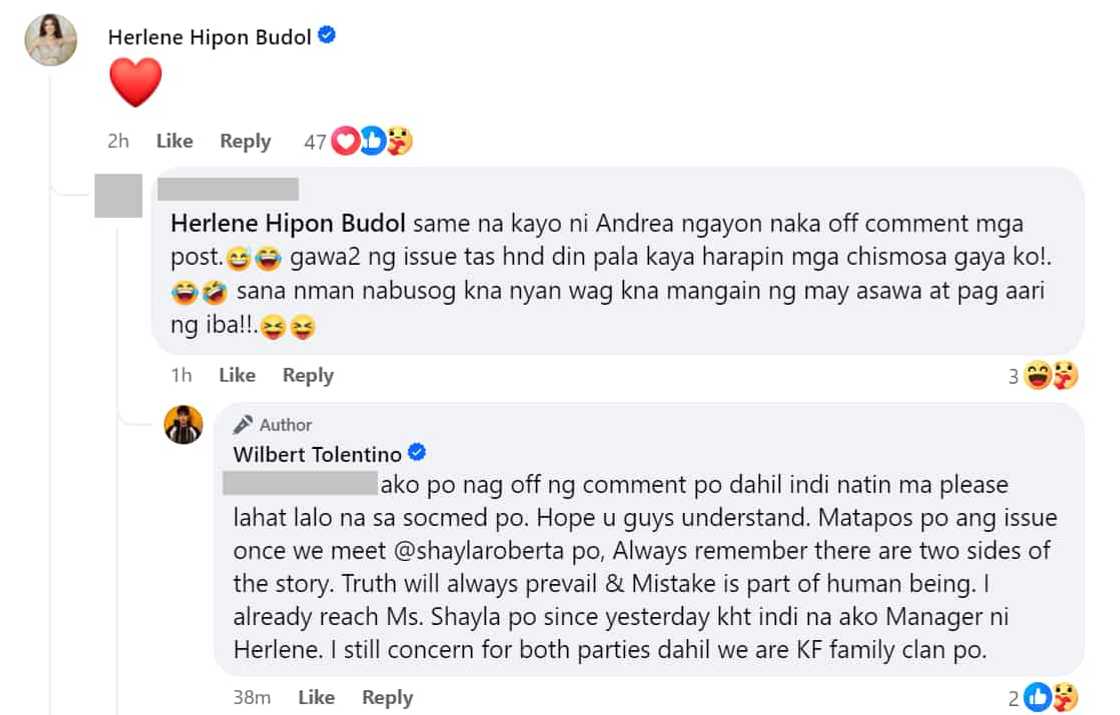 Wilbert Tolentino, nilinaw sa isang netizen na siya nag-off ng comments sa FB ni Herlene Budol Wilbert Tolentino, nilinaw sa isang netizen na siya nag-off ng comments sa FB ni Herlene Budol
