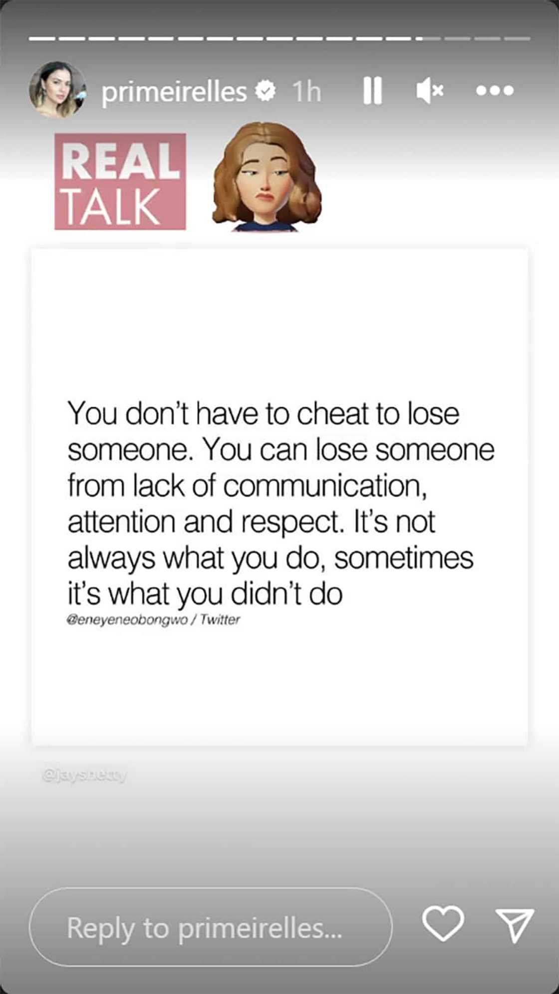 Priscilla Meirelles, nirepost na panibagong "hugot," usap-usapan: “You don't have to cheat to lose someone” Priscilla Meirelles, nirepost na panibagong "hugot," usap-usapan: “You don't have to cheat to lose someone”