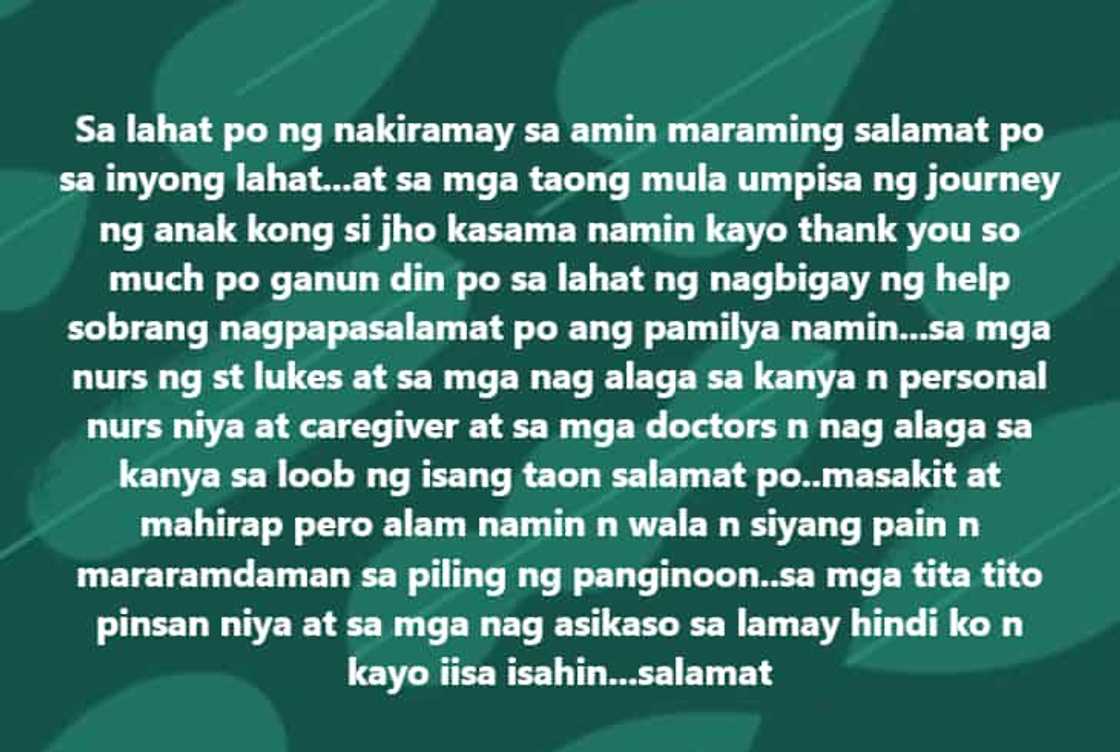 Ina ni Jorhomy Rovero, labis na nagpasalamat sa mga taong tumulong sa kanila Ina ni Jorhomy Rovero, labis na nagpasalamat sa mga taong tumulong sa kanila