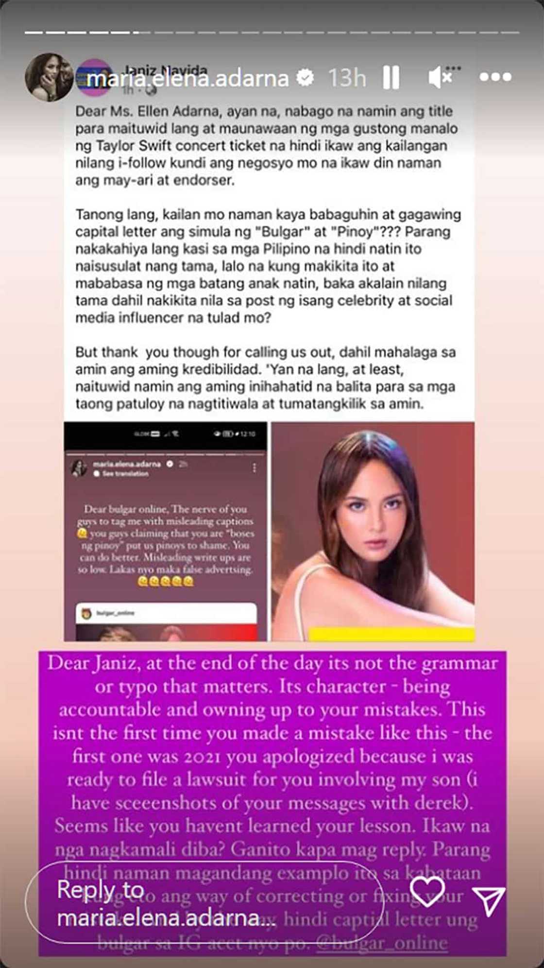 Ellen Adarna, tinarayan ng bongga si “Janiz” ng Bulgar dahil sa isinagot ng huli: “Ikaw na nga nagkamali diba? Ellen Adarna, tinarayan ng bongga si “Janiz” ng Bulgar dahil sa isinagot ng huli: “Ikaw na nga nagkamali diba?