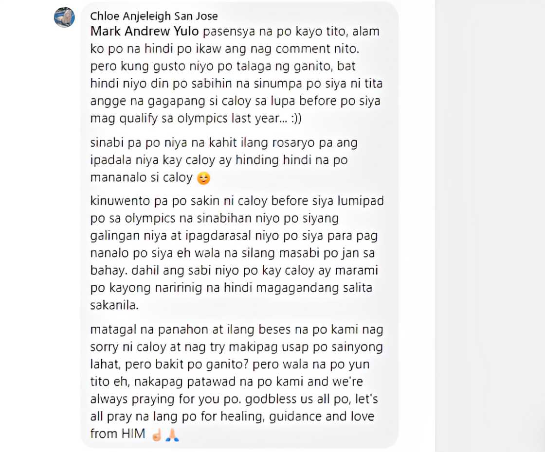 Chloe San Jose, sinagot ang komento ng ama ni Carlos Yulo