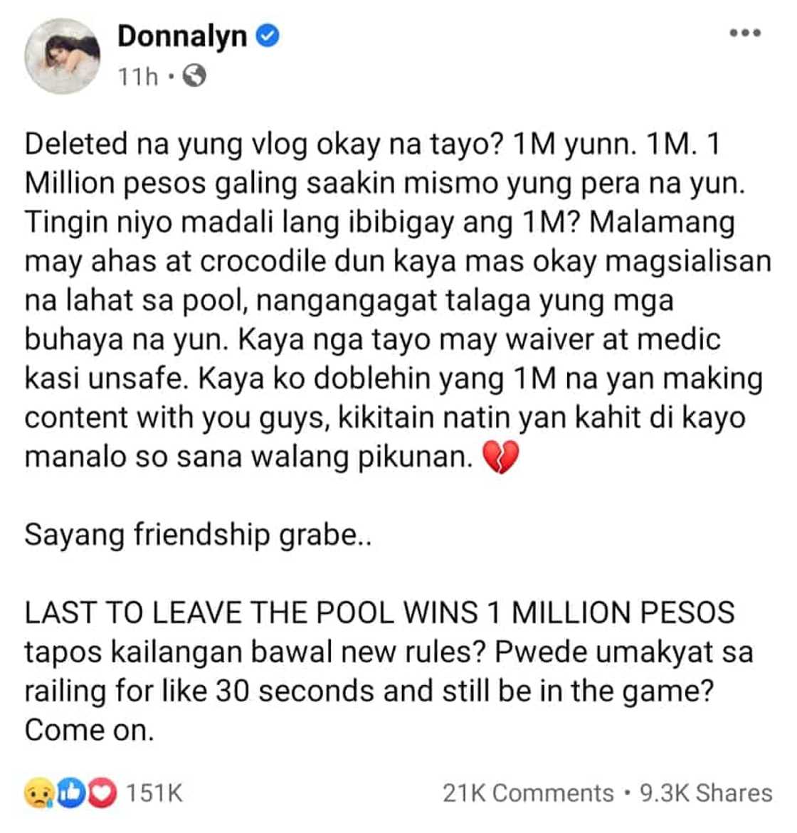 Donnalyn Bartolome on controversial "last to leave pool wins 1M": "Sayang friendship grabe" Donnalyn Bartolome on controversial "last to leave pool wins 1M": "Sayang friendship grabe"
