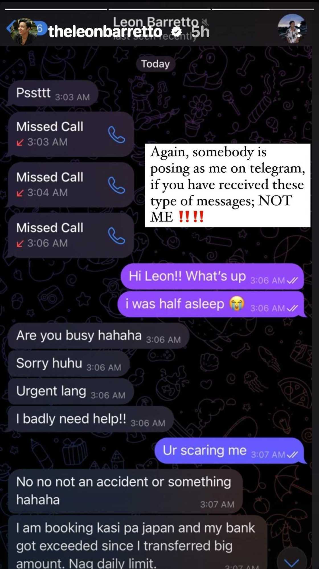 Leon Barretto, nagbabala ukol sa poser niya; nag-share ng screenshots ng messages ng poser Leon Barretto, nagbabala ukol sa poser niya; nag-share ng screenshots ng messages ng poser