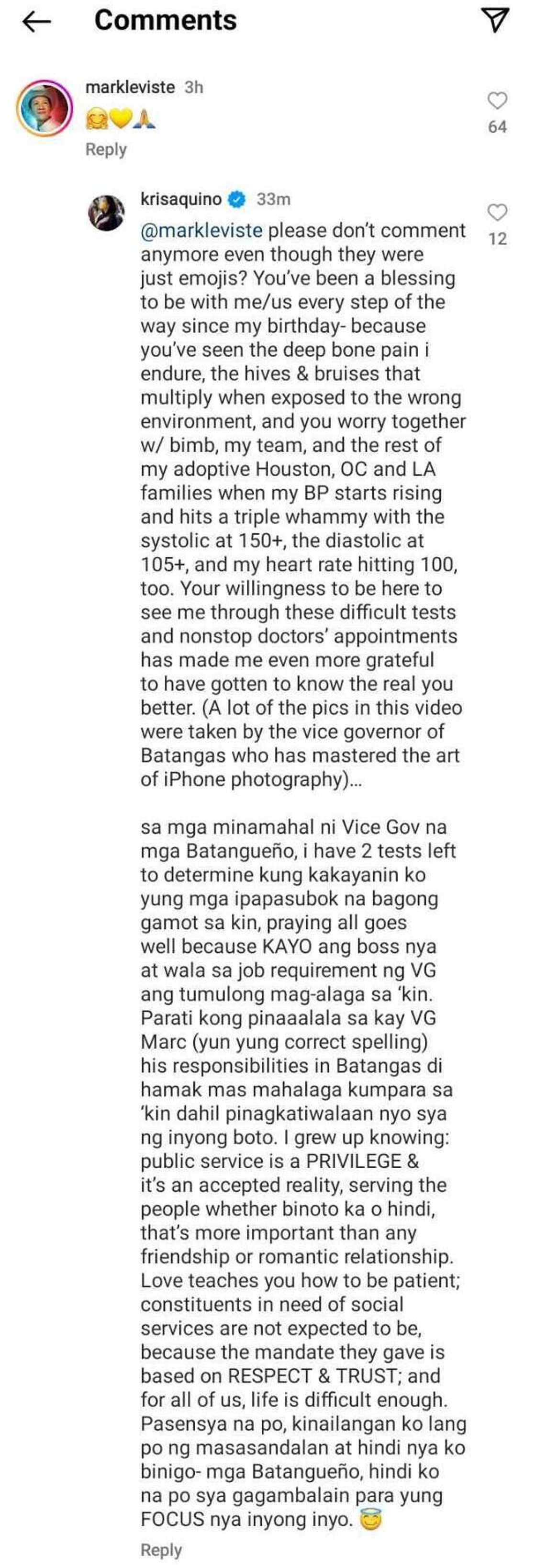 Kris Aquino, nag-sorry sa mga Batangueño dahil sa oras na ginugugol ni VG Marc Leviste sa kanya Kris Aquino, nag-sorry sa mga Batangueño dahil sa oras na ginugugol ni VG Marc Leviste sa kanya