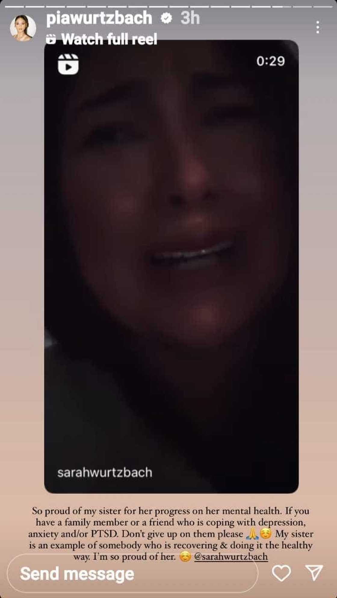 Pia Wurtzbach proud of sister Sarah for her mental health progress Pia Wurtzbach proud of sister Sarah for her mental health progress