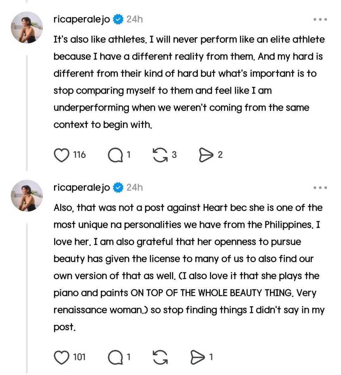 Rica Peralejo clarifies her since-deleted post about Heart Evangelista: "I don't hate Heart" Rica Peralejo clarifies her since-deleted post about Heart Evangelista: "I don't hate Heart"