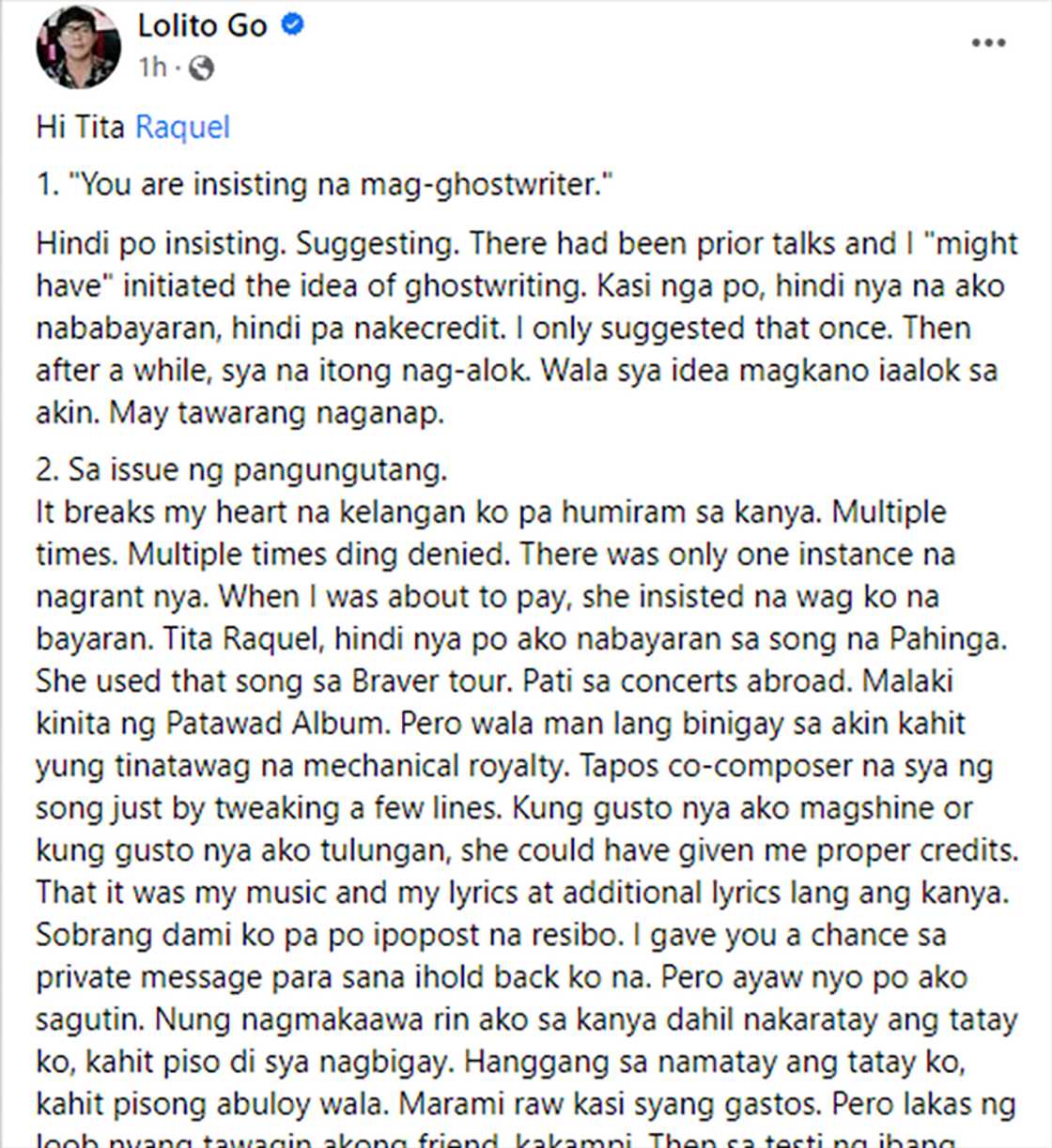 Lolito Go, binalikan ang ina ni Moira Dela Torre: “Nagmakaawa ako… Nakaratay tatay ko… Kahit piso di nagbigay” Lolito Go, binalikan ang ina ni Moira Dela Torre: “Nagmakaawa ako… Nakaratay tatay ko… Kahit piso di nagbigay”