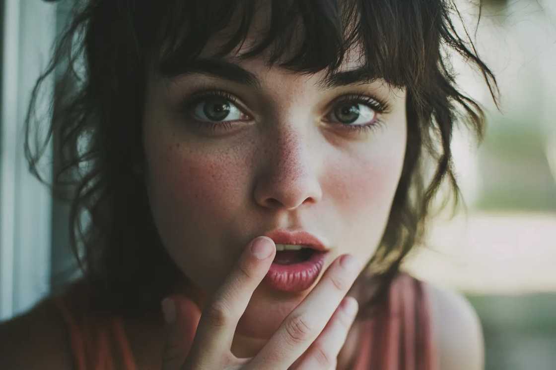 A woman whispering to someone A woman whispering to someone