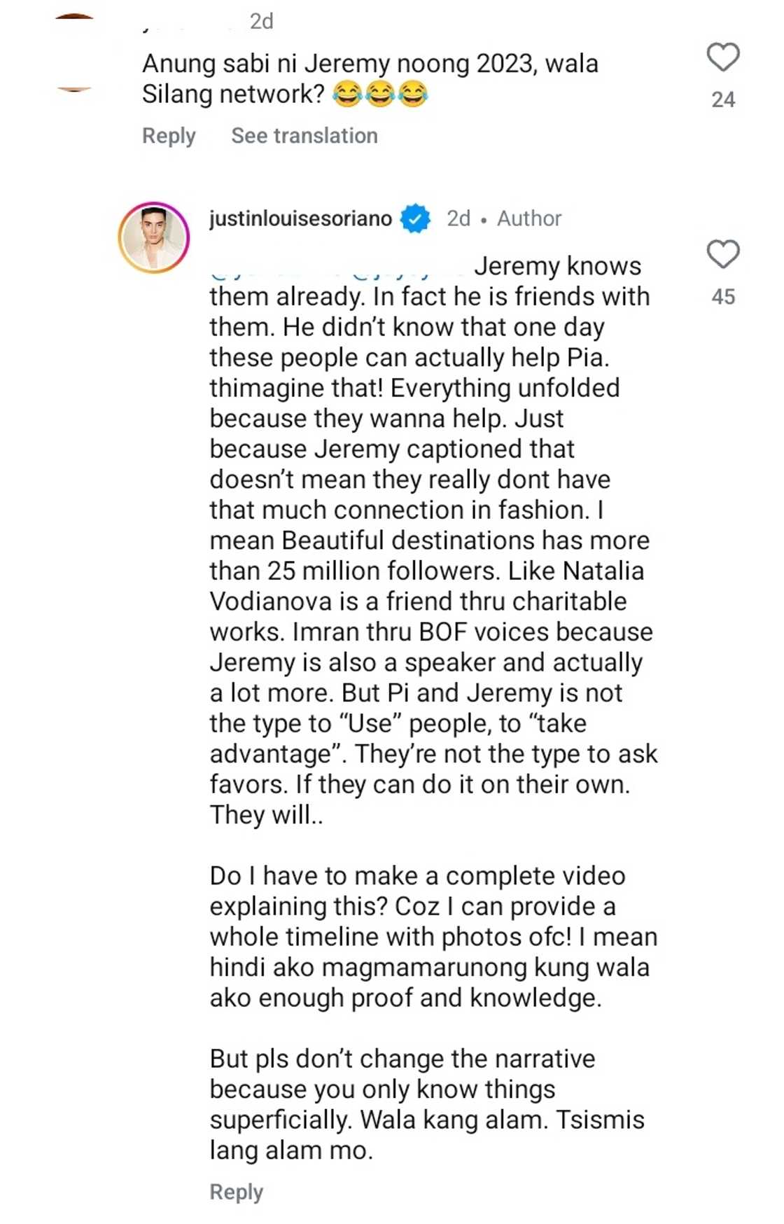 Justin Soriano, nilinaw ang sinabi niya versus sa post ni Jeremy Jauncey noong 2023