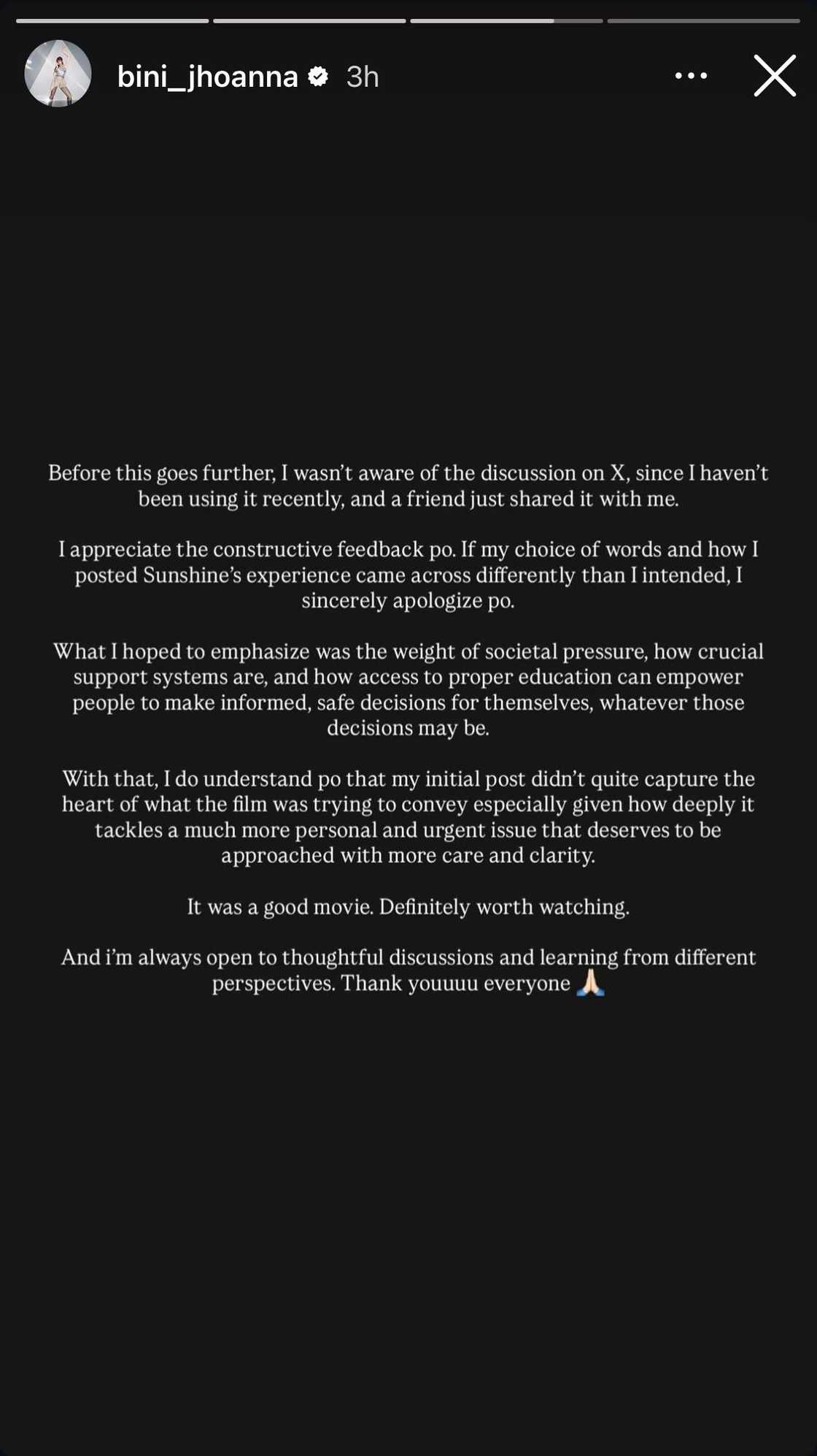 BINI Jhoanna clarifies movie review; apologizes for misinterpreted take on Maris Racal's Sunshine BINI Jhoanna clarifies movie review; apologizes for misinterpreted take on Maris Racal's Sunshine