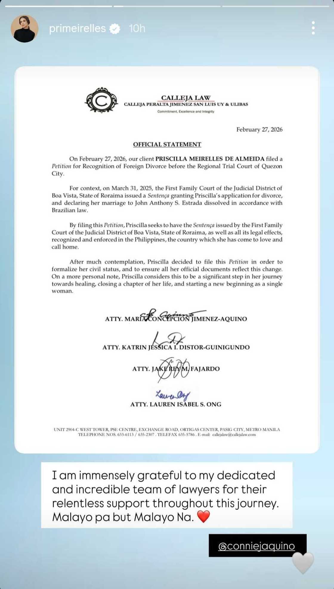 Priscilla Meirelles, opisyal nang naghain ng 'Petition for Recognition of Foreign Divorce'