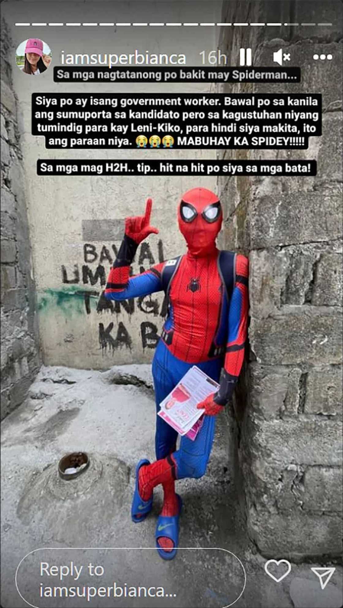 Bianca Gonzalez, shinare pic ng naka-Spidey suit na nag-H2H: “Kagustuhan niyang tumindig para kay Leni-Kiko” Bianca Gonzalez, shinare pic ng naka-Spidey suit na nag-H2H: “Kagustuhan niyang tumindig para kay Leni-Kiko”