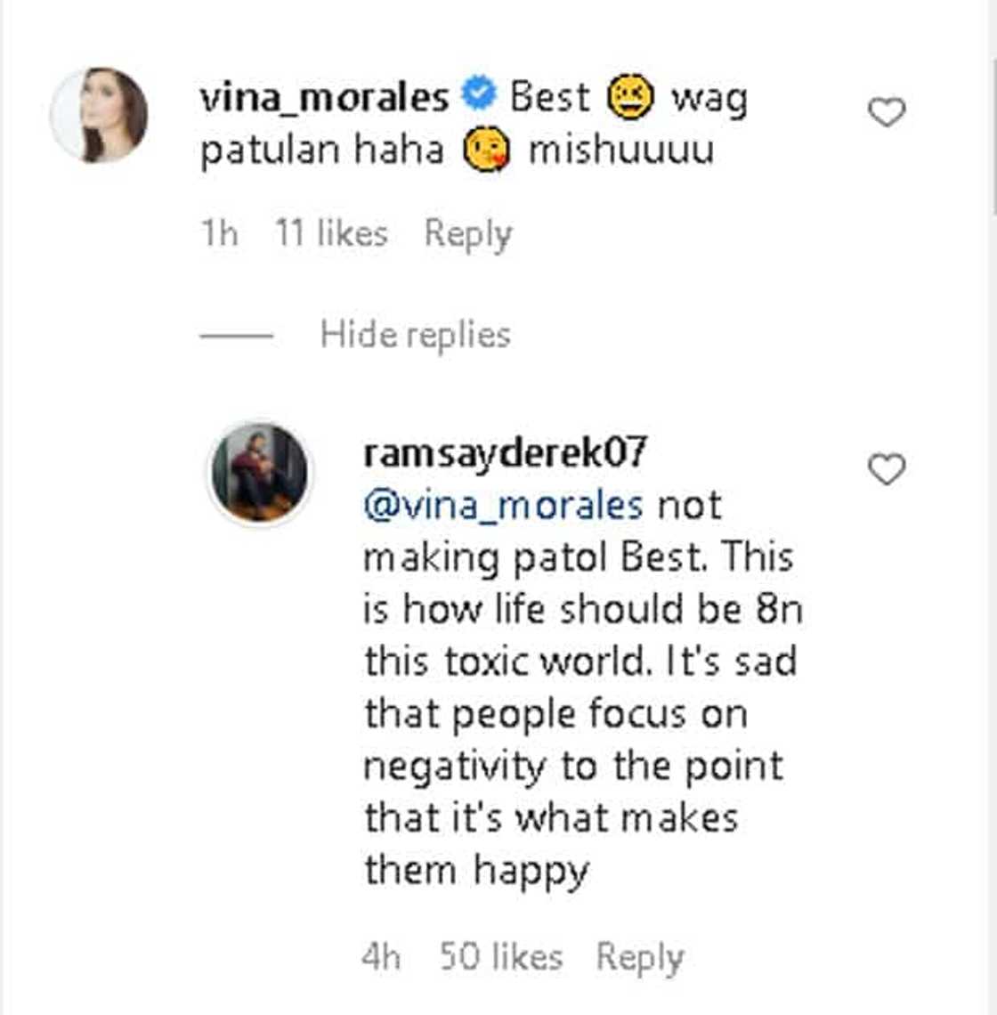 Vina Morales tells Derek Ramsay "wag patulan" after his hugot against accusers Vina Morales tells Derek Ramsay "wag patulan" after his hugot against accusers