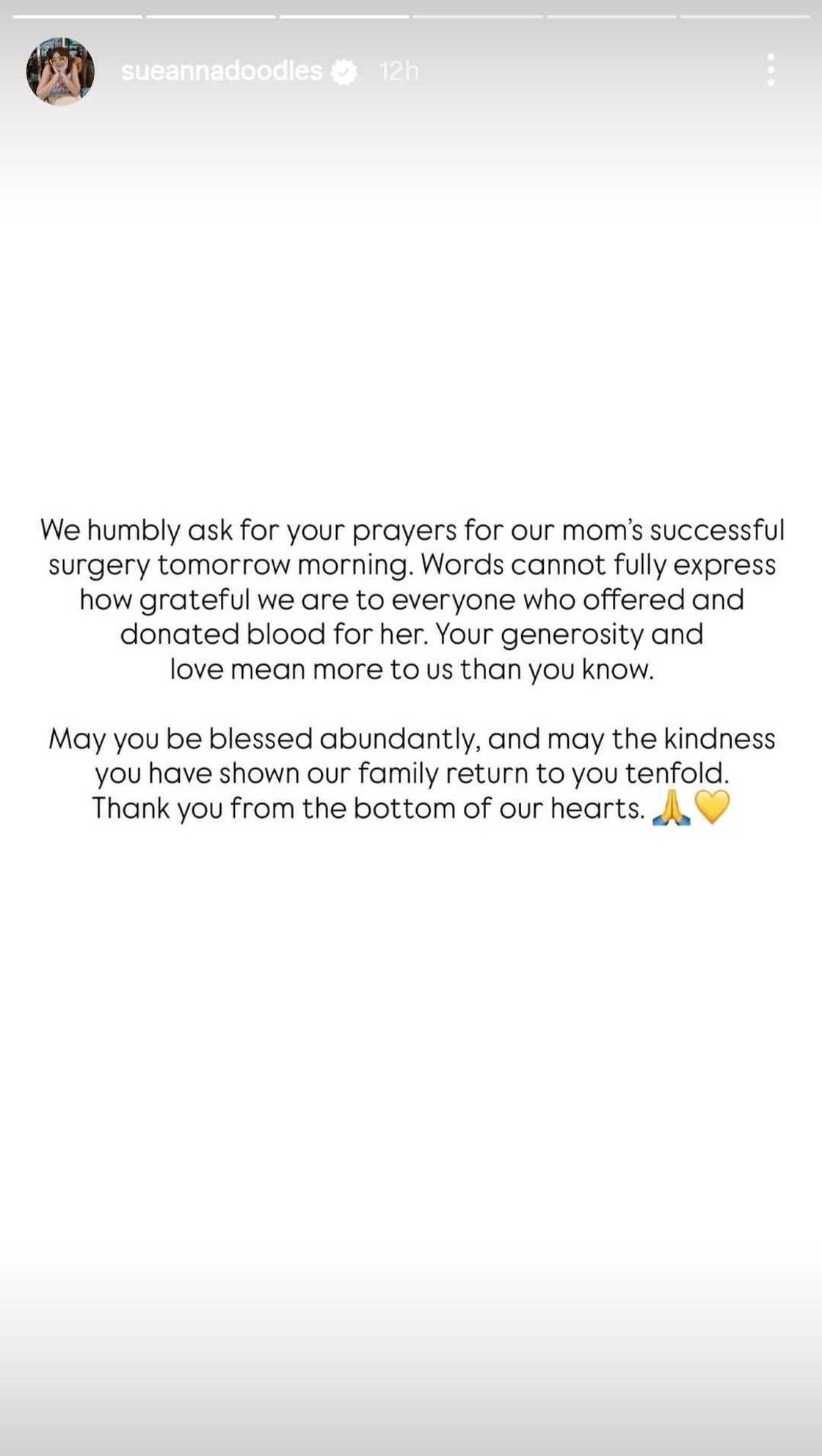 Sue Ramirez, nagpasalamat sa mga nag-donate ng dugo para sa kanyang ina