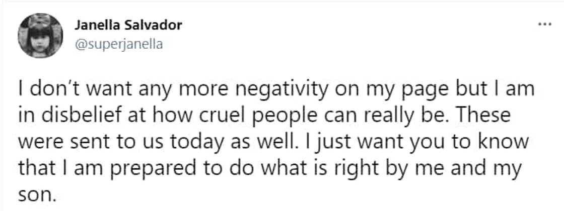 Janella Salvador on cyberbullies: "I am prepared to do what is right by me and my son." Janella Salvador on cyberbullies: "I am prepared to do what is right by me and my son."