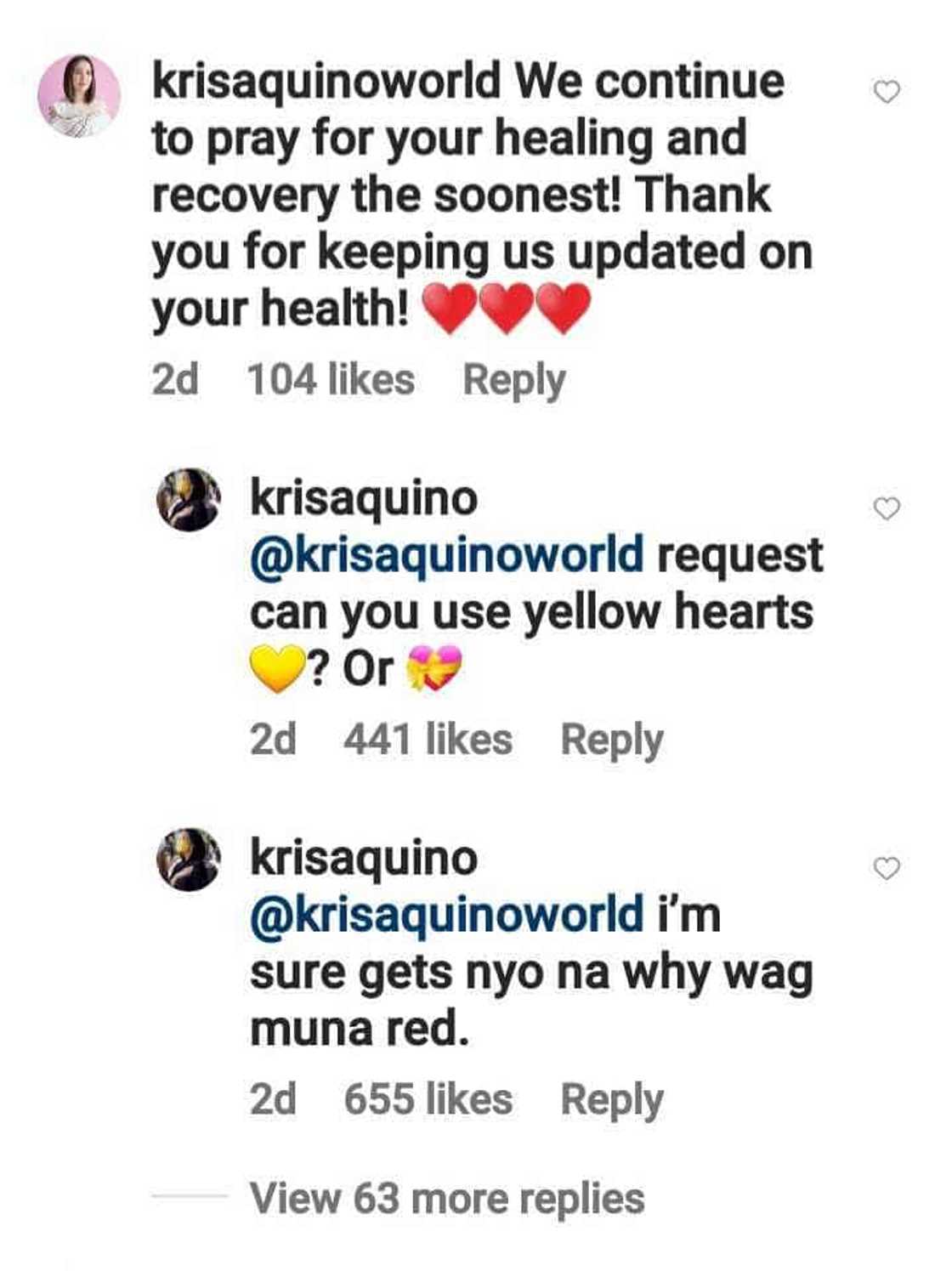 Kris Aquino, sinabihan ang isang fan page na wag muna gumamit ng red heart emoji sa comments Kris Aquino, sinabihan ang isang fan page na wag muna gumamit ng red heart emoji sa comments