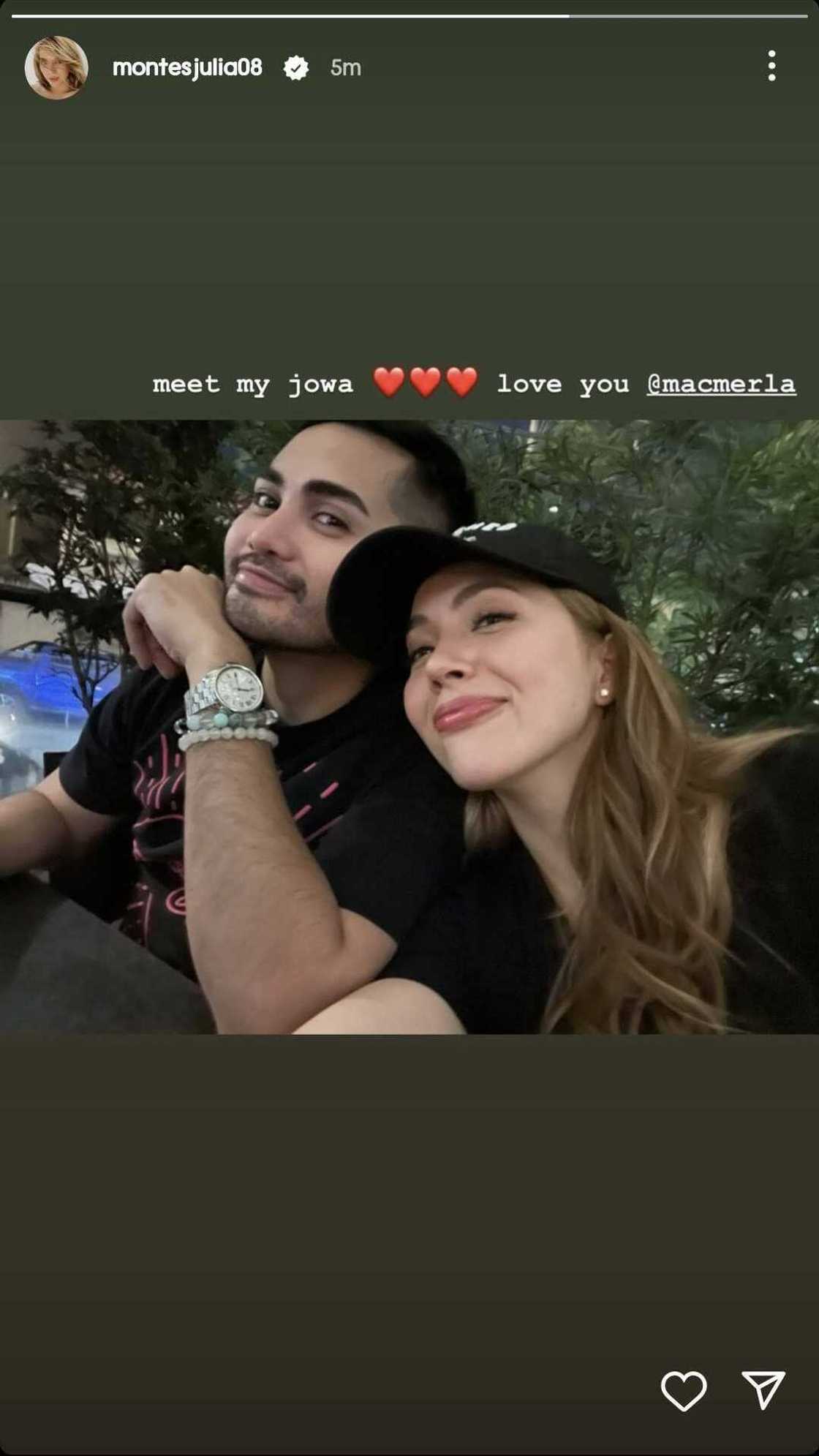 Julia Montes posts picture with handler Mac Merla: "Meet my jowa"