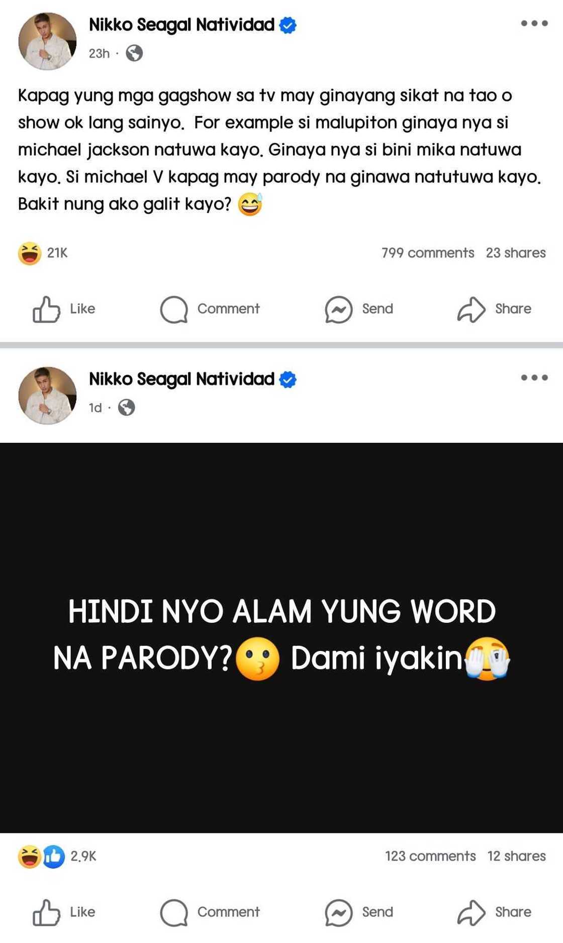 Nikko Natividad sa mga namba-bash ng 'parody' niya: "Dami iyakin" Nikko Natividad sa mga namba-bash ng 'parody' niya: "Dami iyakin"