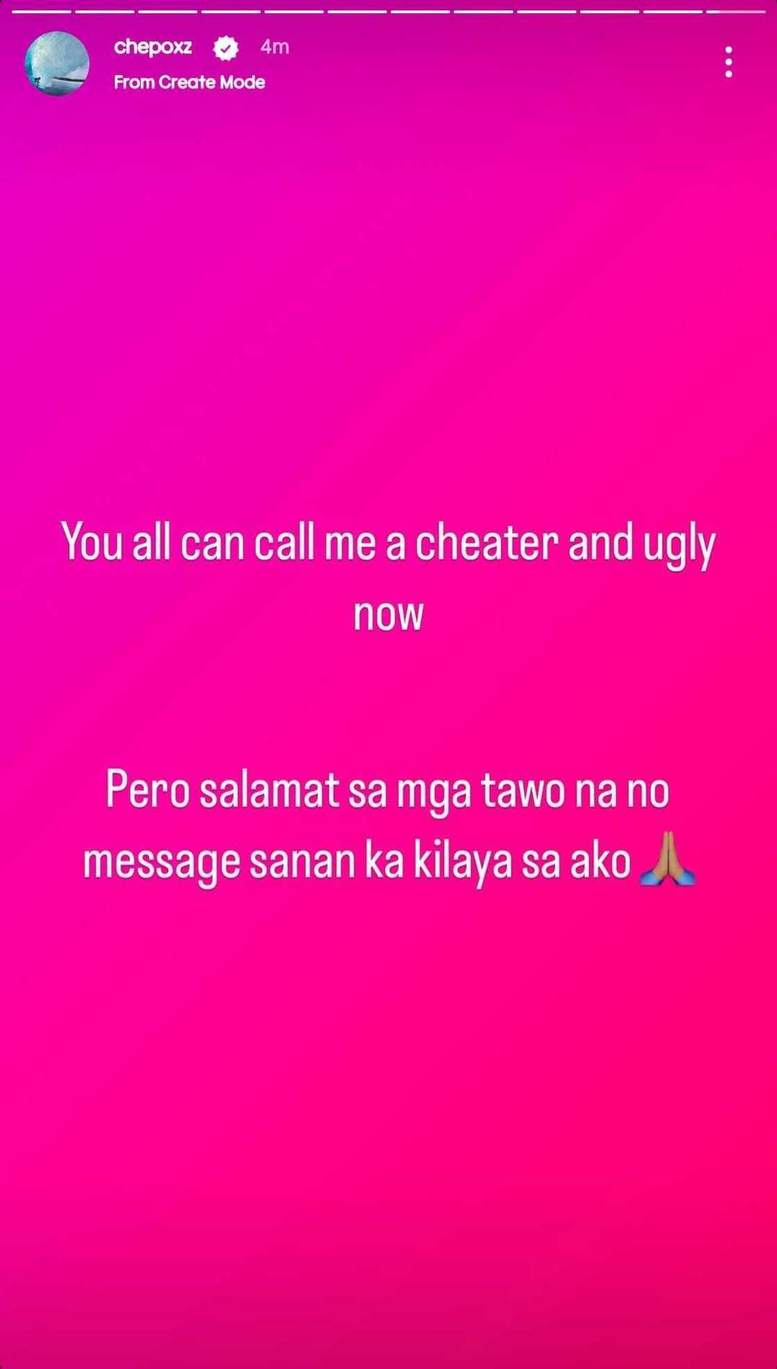 Philmar Alipayo, binanggit ang salitang "cheater" at "ugly" sa cryptic post niya