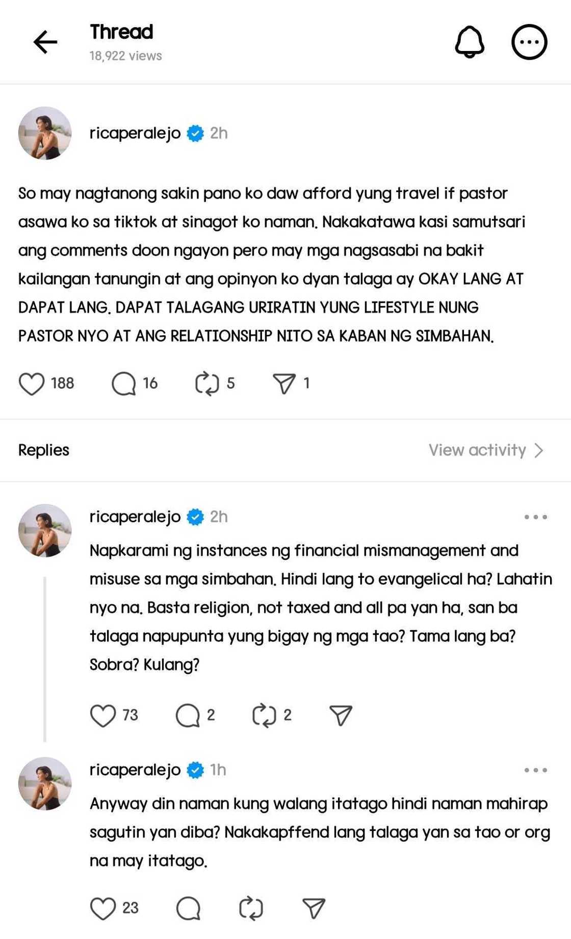 Rica Peralejo speaks out on family's finances after question about her husband's work as a pastor Rica Peralejo speaks out on family's finances after question about her husband's work as a pastor