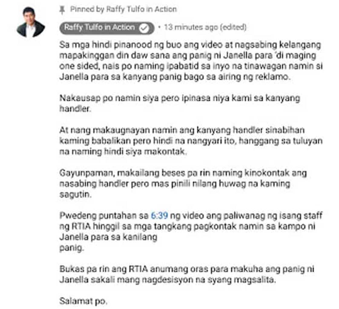 Former P.A. of Janella Salvador seeks Raffy Tulfo's help about remaining unpaid balance of P3,600