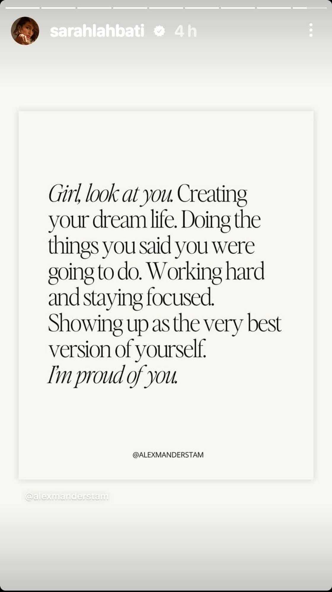 Sarah Lahbati shares uplifting quote card about creating dream life Sarah Lahbati shares uplifting quote card about creating dream life