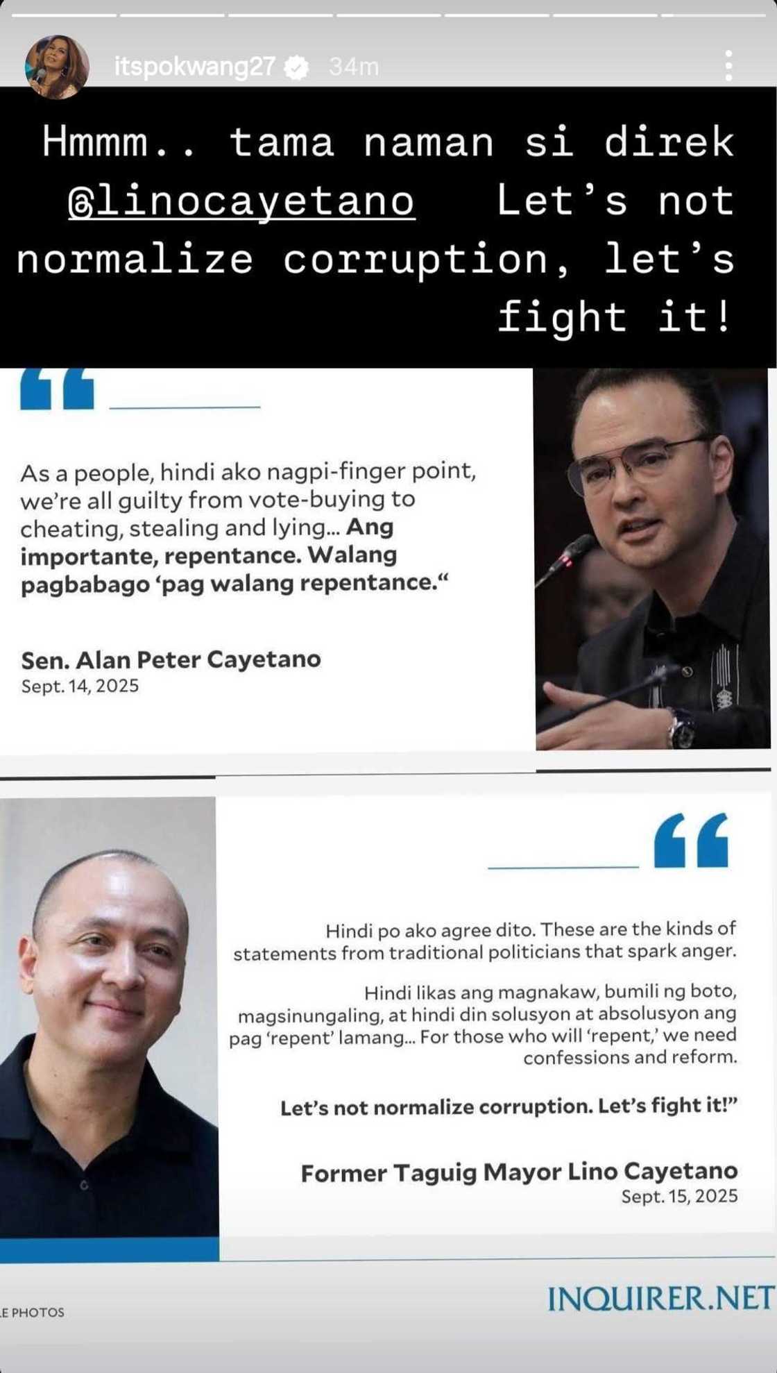 Pokwang, sumang-ayon sa pahayag ni Lino Cayetano ukol sa korupsiyon