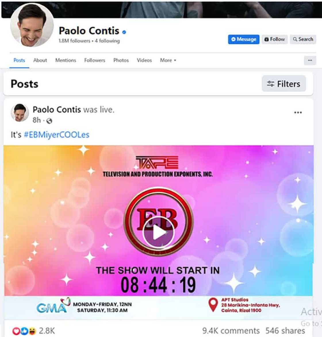 Paolo Contis, ginamit sariling FB account para ma-stream ang bagong EB